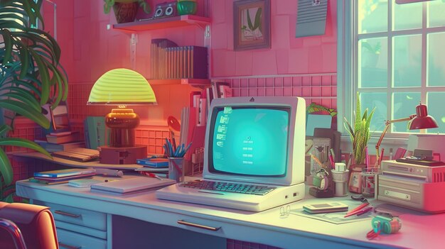 Configuración del escritorio retro con la computadora