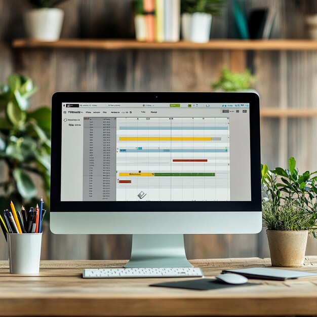 Una configuración de escritorio con software de gestión de proyectos y una lista de tareas detallada