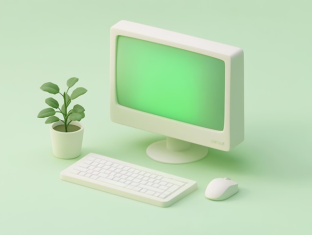 Configuración de escritorio verde minimalista Ratón de teclado de computadora retro y planta en maceta