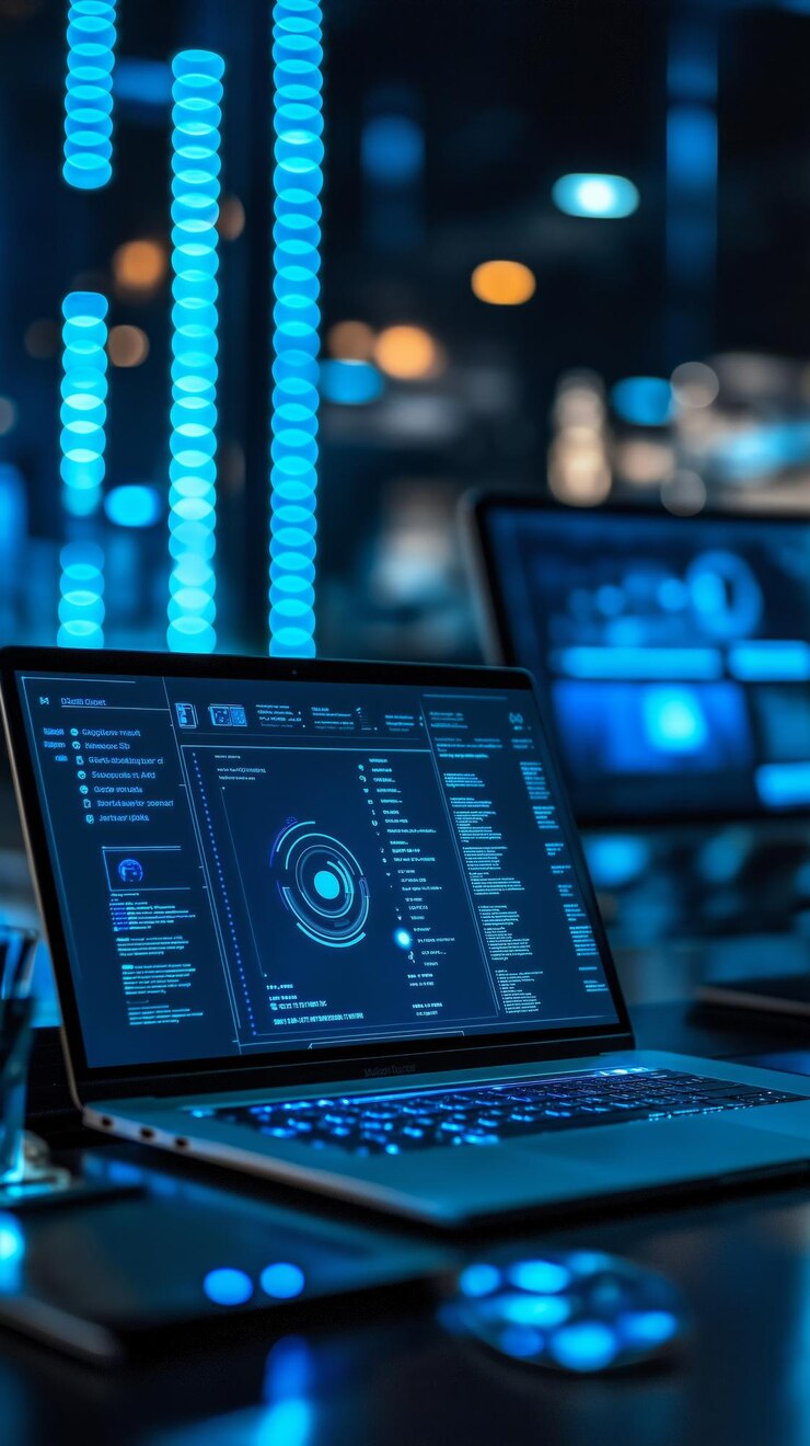 Foto configuración de espacio de trabajo futurista con una computadora portátil elegante que muestra una plantilla de plan de negocios