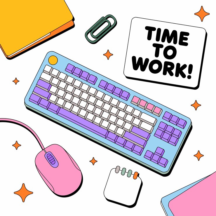 Foto configuración del espacio de trabajo rato de teclado y hora de trabajo