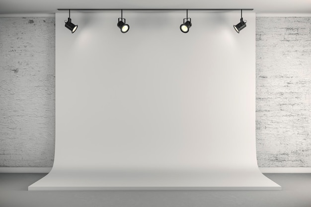 Configuración de estudio 3d con fondo de lona blanca y luces de techo