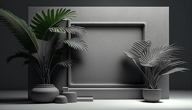 Configuración de estudio con el fondo del podio 3D de la pared gris y plantas al lado