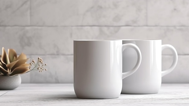 Configuración generativa de taza de cerámica blanca con IA en el interior de la casa maqueta en blanco