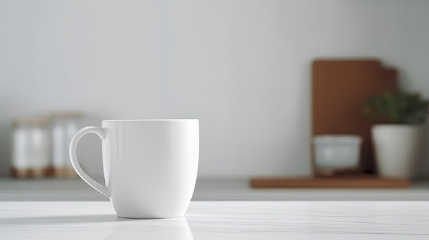 Configuración generativa de taza de cerámica blanca con IA en el interior de la casa maqueta en blancox9