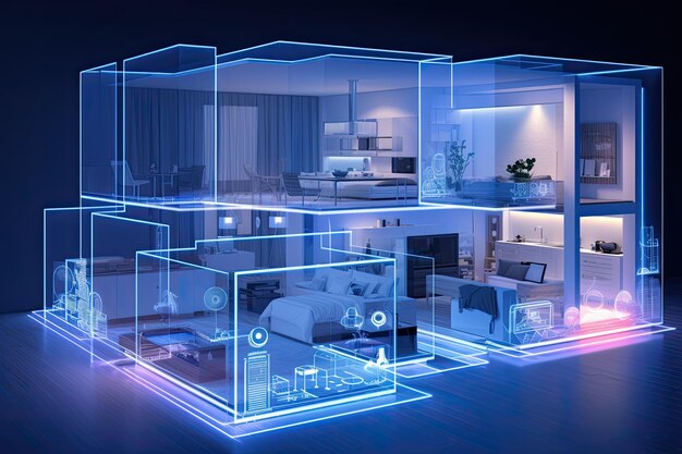 Configuración de hogar inteligente Un espacio de vida moderno equipado con dispositivos de hogar inteligente como luces inteligentes, televisión y asistentes controlados por voz Interior de hogar inteligente con realidad aumentada