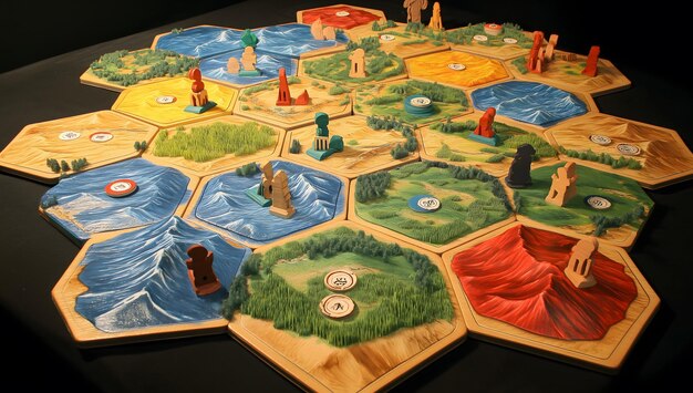 Configuración de juego de mesa hexagonal con diversos terrenos piezas de juego de madera y azulejos de paisaje texturizados