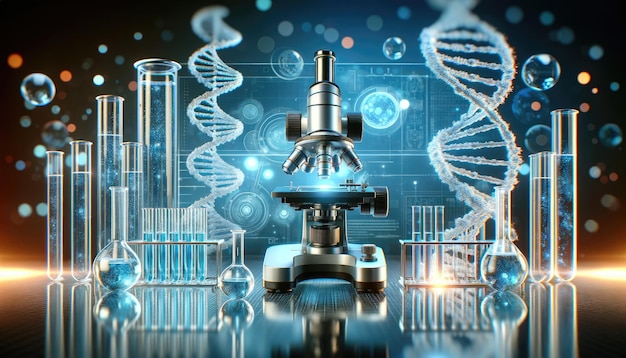 Una configuración de laboratorio futurista con cadenas de ADN de microscopio e interfaces científicas avanzadas en pantallas digitales