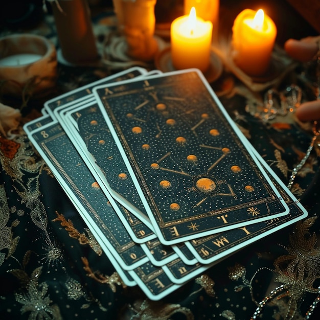 Configuración de lectura de Tarot de adivinación mística con cartas y ambiente a la luz de las velas para el tamaño de la publicación en las redes sociales