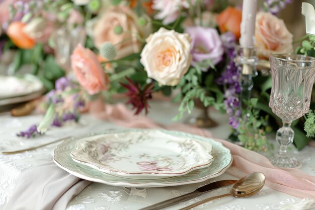 Configuración de la mesa con centros florales de colores pastel IA generativa