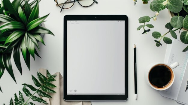 Configuración minimalista del escritorio de trabajo con una tableta, plantas en macetas, una taza de café y gafas
