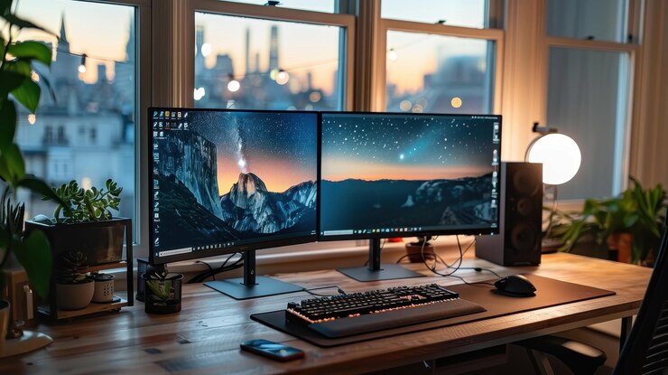 Configuración moderna de la oficina en casa con monitores duales plantas de teclado y una impresionante vista de la ciudad a través