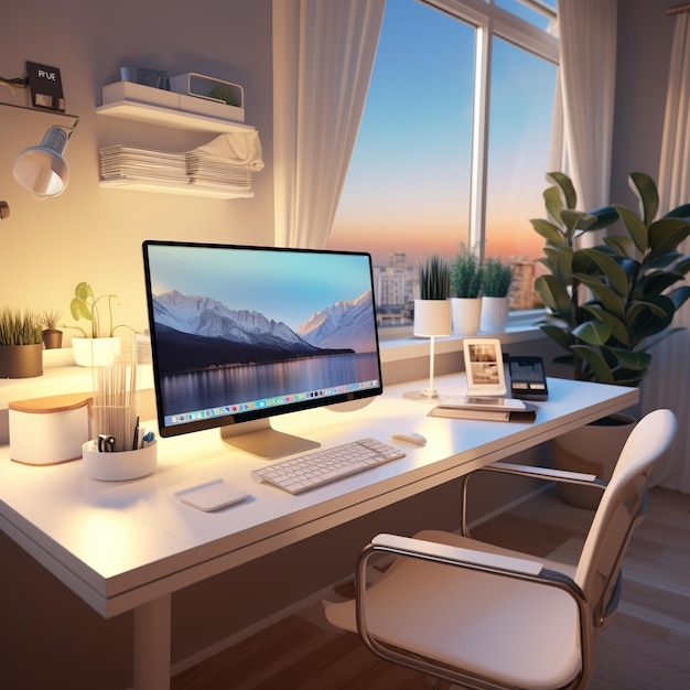 Configuración moderna de la oficina en el hogar con una gran ventana brillante