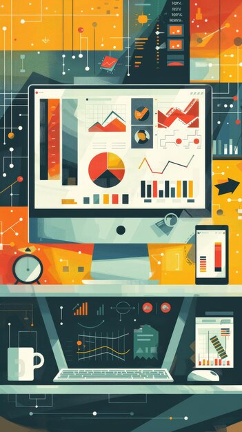 La configuración moderna de la oficina con pantallas de computadora que muestran gráficos y gráficos es perfecta para la planificación de negocios