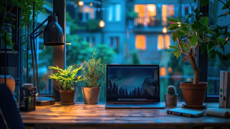 Configuración de la oficina en casa con plantas y un ambiente nocturno con una computadora portátil en un escritorio de madera que crea