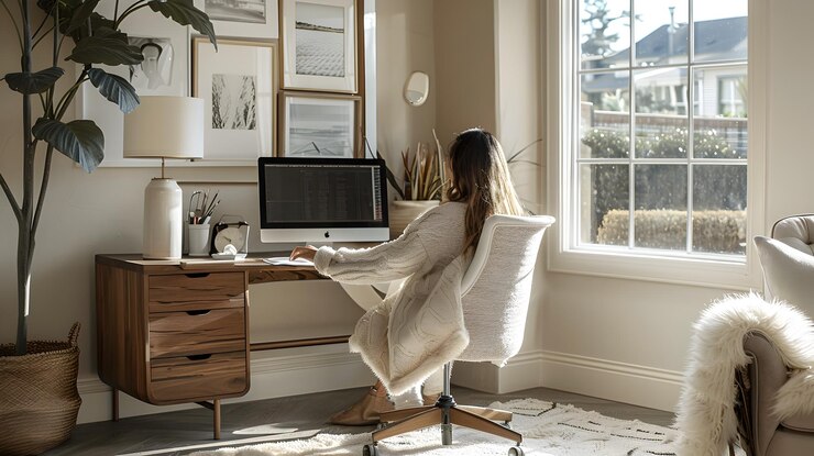 Configuración de la oficina en casa serena con computadora de escritorio y tonos neutros