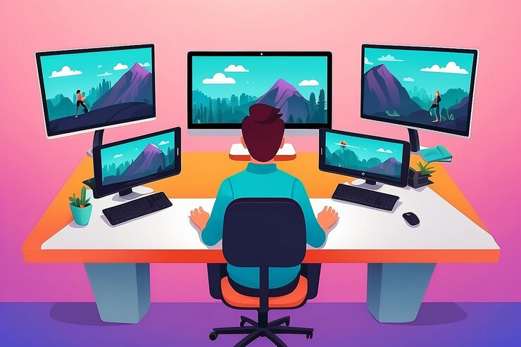 Foto configuración de pantalla dual para el estilo plano vectorial de diseño creativo