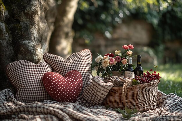 Configuración de picnic acogedora con vino y flores en una ubicación de jardín sereno IA generativa
