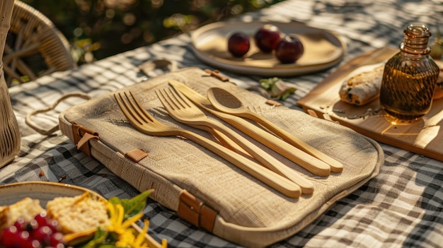 Configuración de picnic con cubiertos y platos de bambú ecológicos en un mantel a cuadros