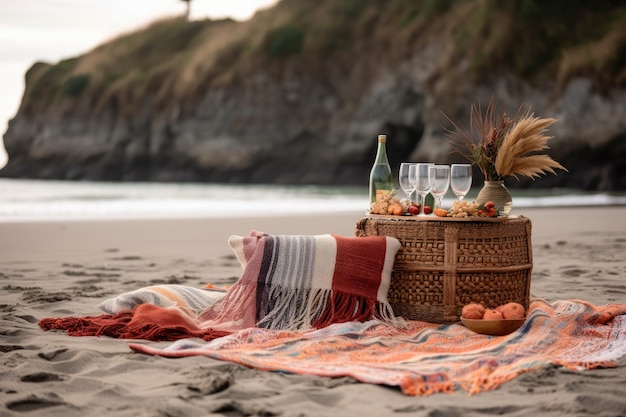 Foto configuración de picnic con manta de canasta y copas de vino en la playa creada con ai generativo