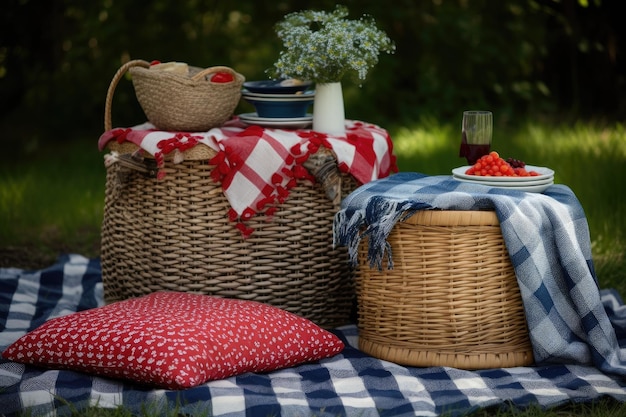 Configuración de picnic con manta y canasta a cuadros rojos, blancos y azules creada con ai generativo