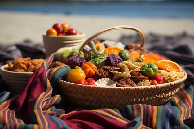 Configuración de picnic en la playa con una manta de colores y una canasta de comida en la arena