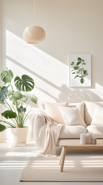 Configuración de sala de estar luminosa y ventilada con un colgante tejido, luz enmarcada, impresión botánica y planta sutil