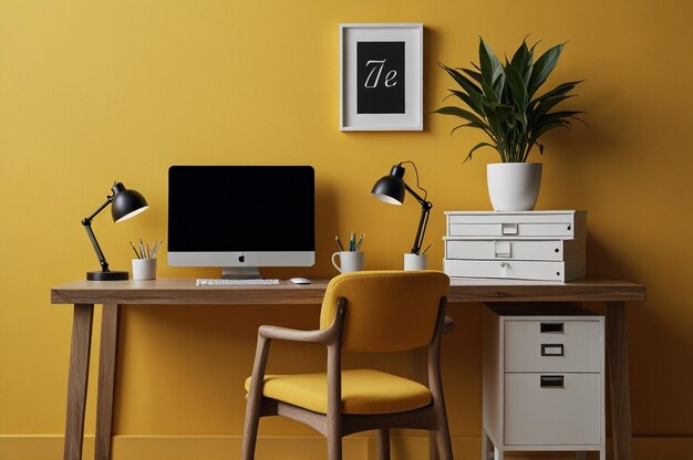 Configuración sofisticada de la oficina en fondo amarillo