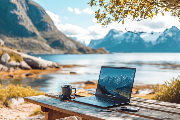 Configuración de trabajo portátil en lugares panorámicos en la costa de un lago de montaña Concepto de trabajo remoto