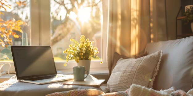 Foto una configuración de trabajo remoto con un bloc de notas portátil y café en una acogedora oficina en casa