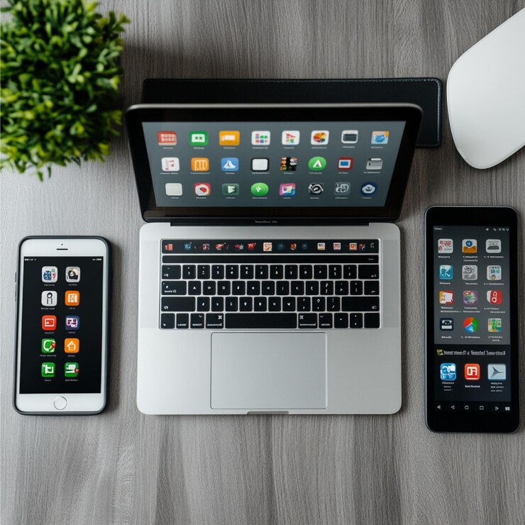 Foto una configuración de varios dispositivos para el aprendizaje en línea con una tableta portátil y un teléfono inteligente con educación