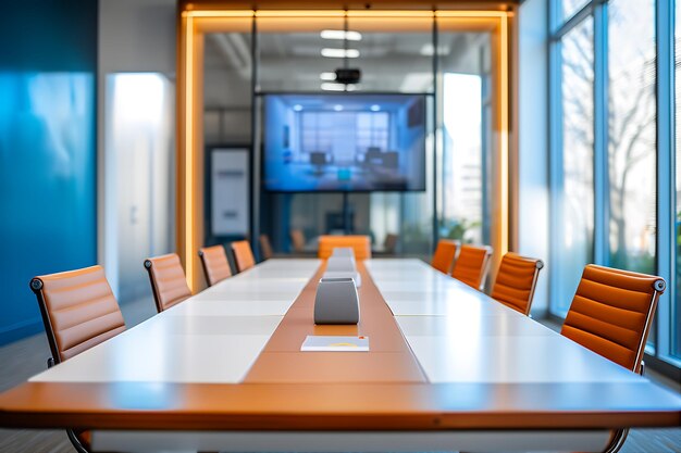 Foto configuración de videoconferencia con mesa de la sala de juntas