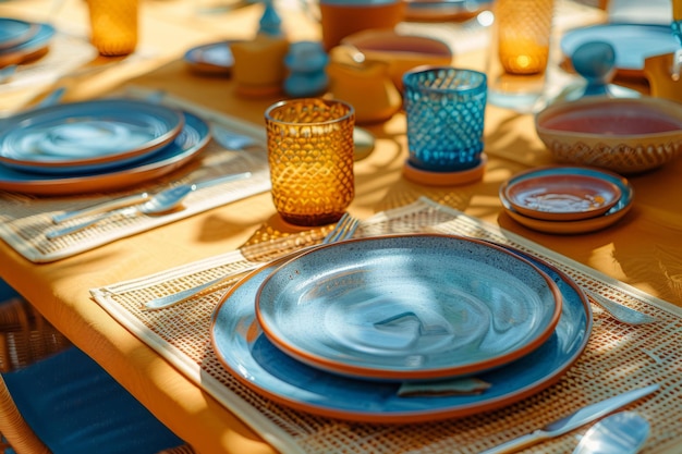 Configurações de mesa de verão em cores de terracota azul-amarelo IA geradora