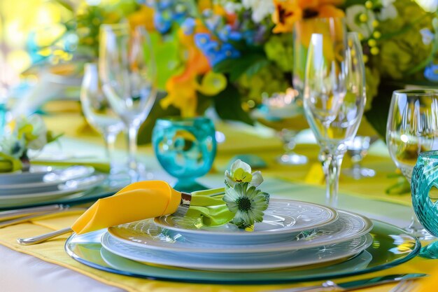 Configurações de mesa de verão festivas em cores azuis, amarelas e verdes