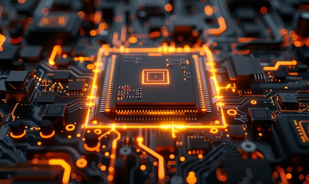 Configurar el concepto de tecnología con el símbolo de la herramienta en un microchip de neón naranja Los flujos de datos entre la CPU y el usuario a través de una placa base futurista