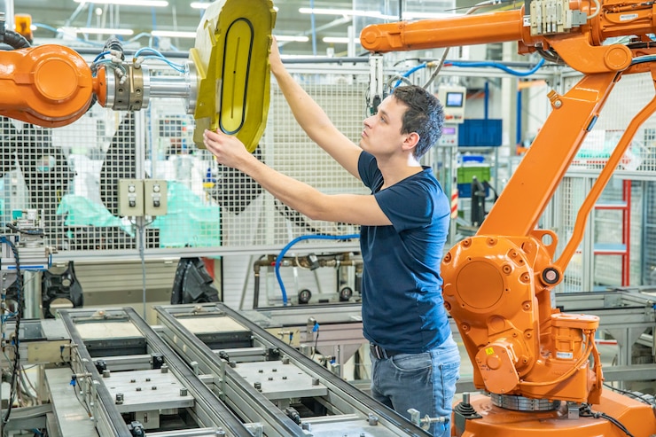 Foto configurar una línea robótica con brazos automáticos antes de comenzar el proceso