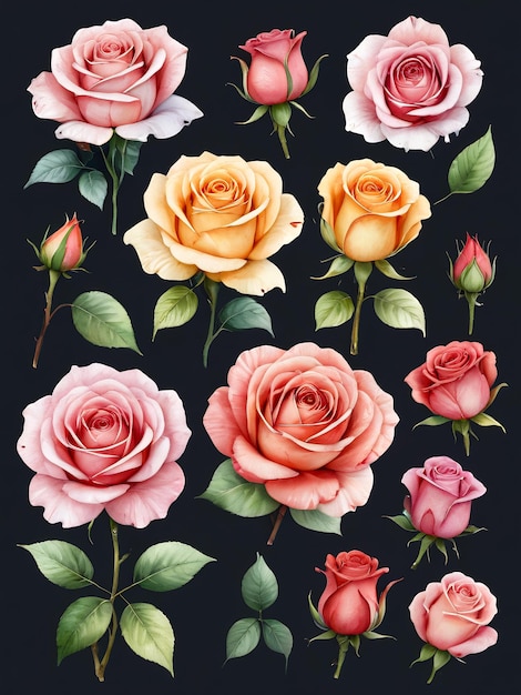 Foto configure elementos de aquarela da coleção de rosas