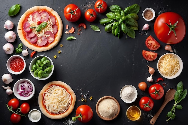 Foto configure ingredientes para cozinhar pizza italiana em um fundo de pedra escura com espaço de cópia