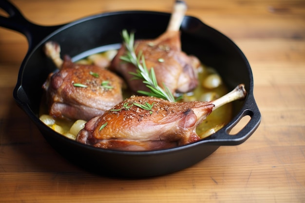 Foto confit de canard bein in einer gusseisen pfanne mit knoblauch