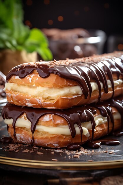 Confitería Foto Eclair Panadería Ventana estrecha En primer plano Lente de ojo de pez Chocolate un dulce concepto de arte