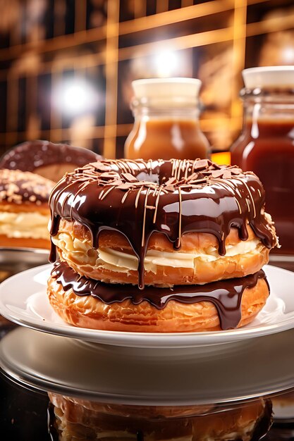 Confitería Foto Eclair Panadería Ventana estrecha En primer plano Lente de ojo de pez Chocolate un dulce concepto de arte