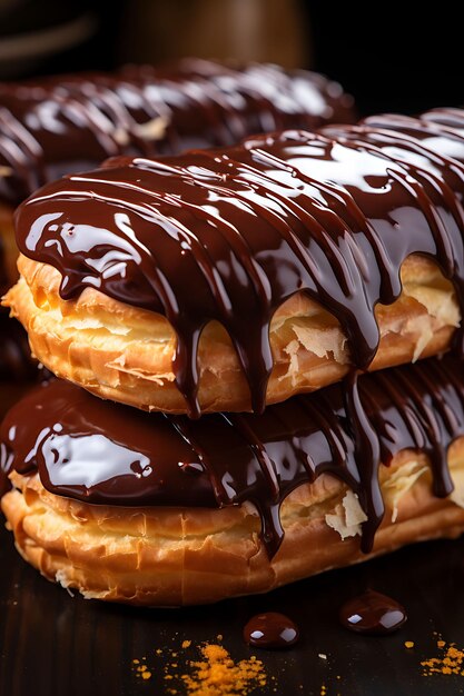 Foto confitería foto eclair panadería ventana estrecha en primer plano lente de ojo de pez chocolate un dulce concepto de arte