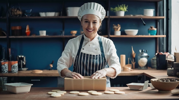 Un confitero profesional sonriente envolviendo una caja con galletas