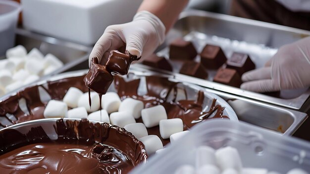 Un confitero sumergiendo un chocolate en un cuenco de chocolate derretido