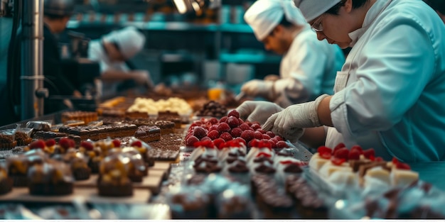 Foto confiteros que trabajan en la producción de varios dulces