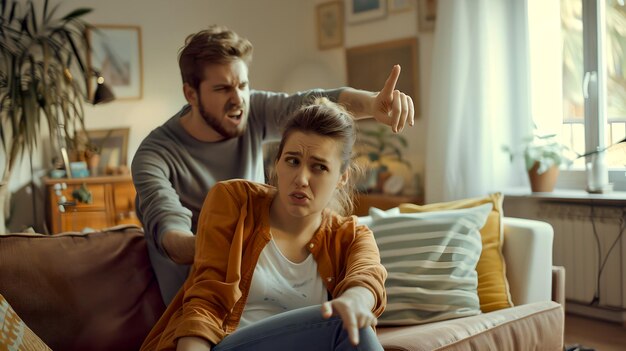 Foto conflicto en el interior una pareja joven que tiene una acalorada discusión escena emocional con decoración moderna del hogar intercambio emocional intenso en una sala de estar configuración de ia