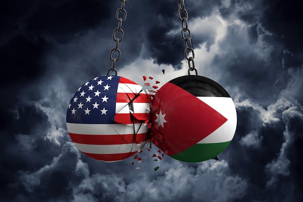 Conflicto de relaciones entre EE. UU. y Jordania Concepto de acuerdo comercial Representación 3D