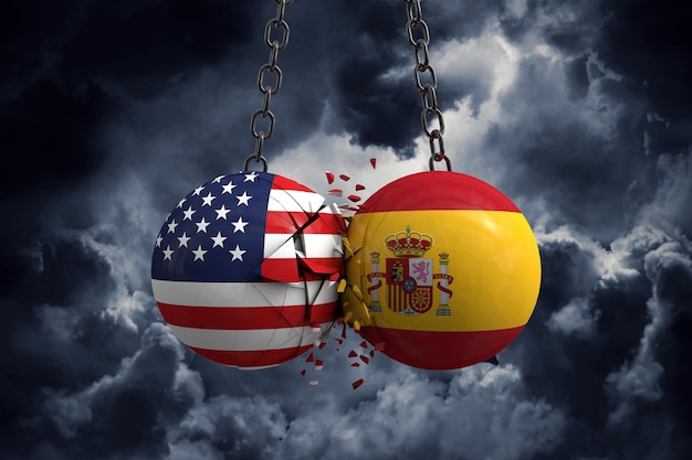 Conflito de relacionamento entre EUA e Espanha Conceito de acordo comercial Renderização em 3D