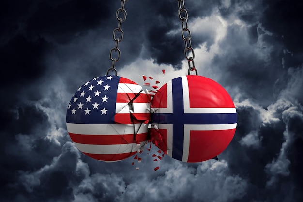 Conflito de relacionamento entre EUA e Noruega Conceito de acordo comercial Renderização em 3D
