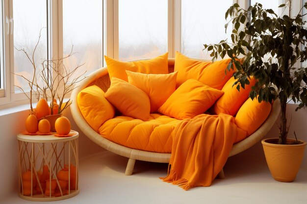 Foto confortable sofá loveseat laranja contra de janela arqueada design interior de sala de estar moderna